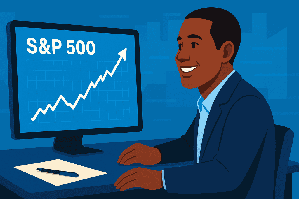 Smiling investor reviewing upward S&P 500 growth chart at desk.