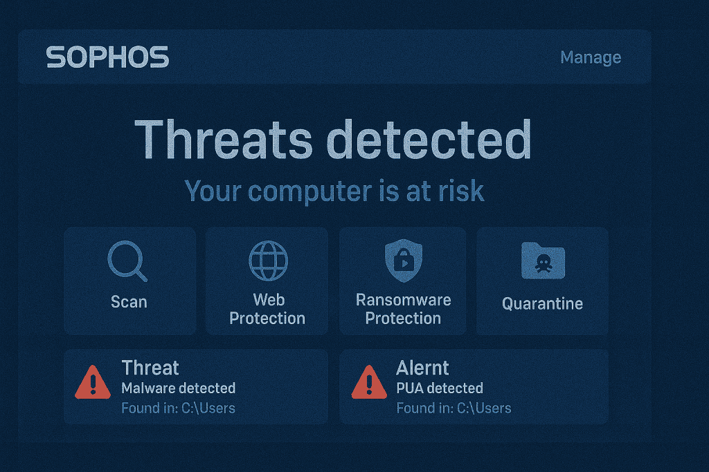 Sophos Antivirus dashboard with threat alerts