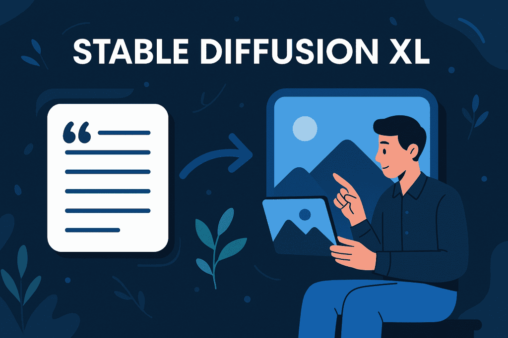 Illustration showing Stable Diffusion XL transforming text to images