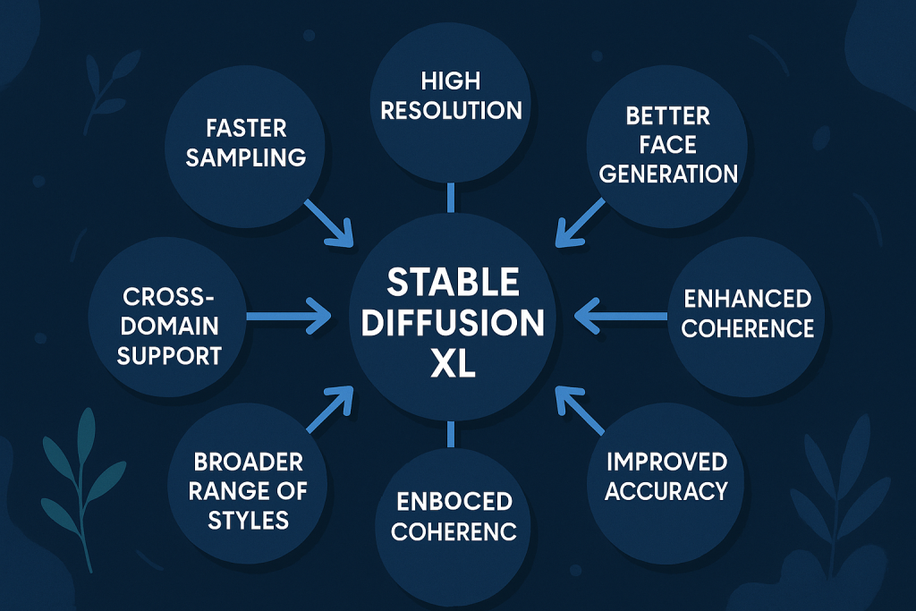 Diagram highlighting seven key features of Stable Diffusion XL