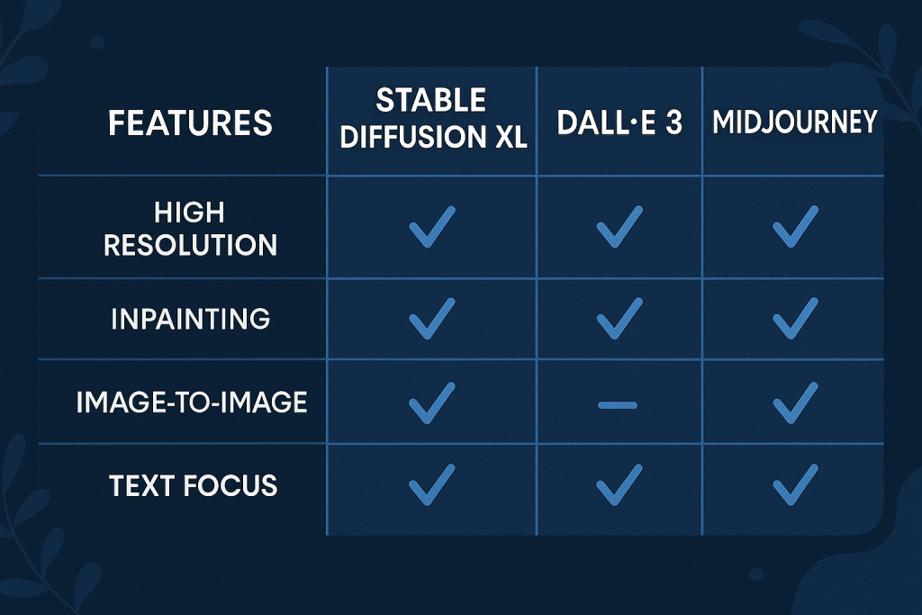Comparison table of Stable Diffusion XL, DALL·E 3, Midjourney features