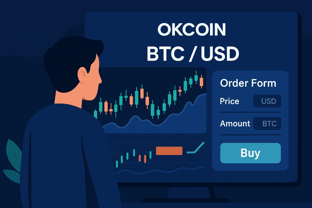 OKCoin Trading screen with BTC/USD pair and order form