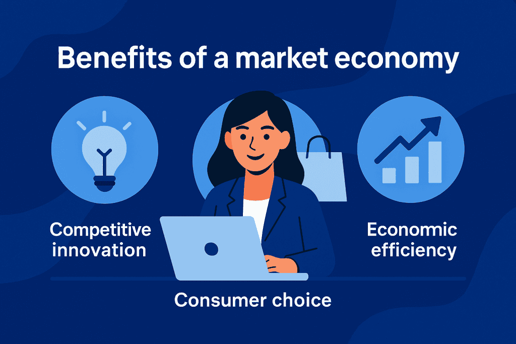 Benefits of a market economy, highlighting competitive innovation, consumer choice, and economic efficiency