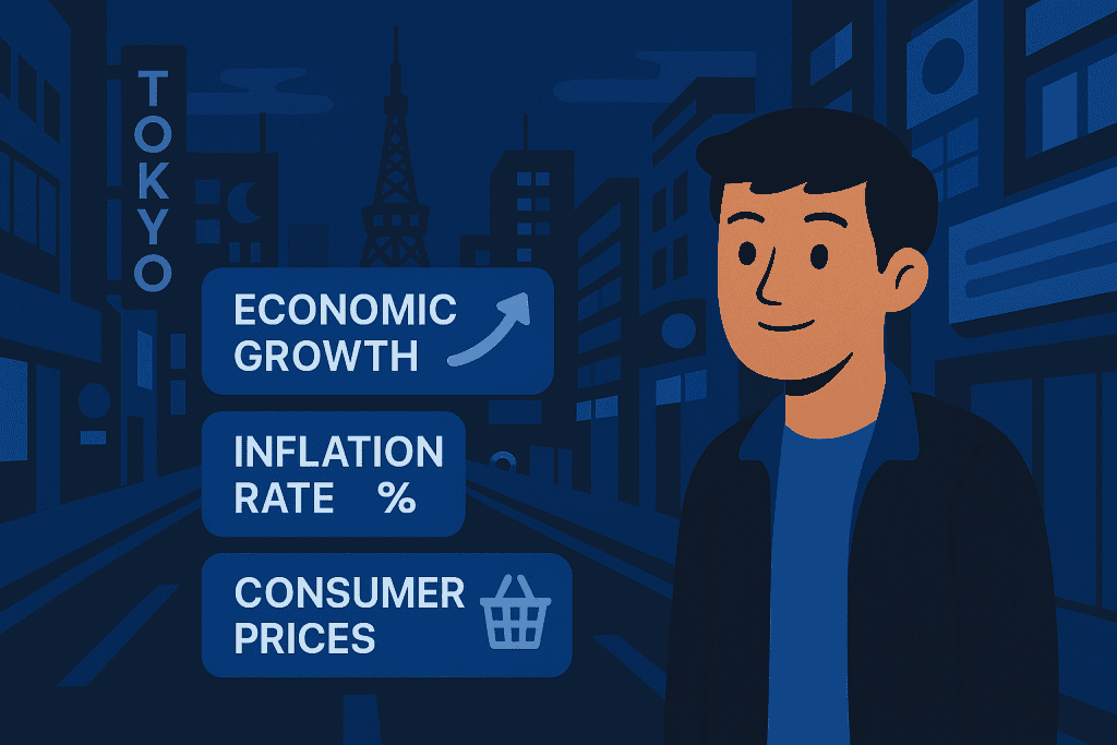 Tokyo street with economic and inflation indicators