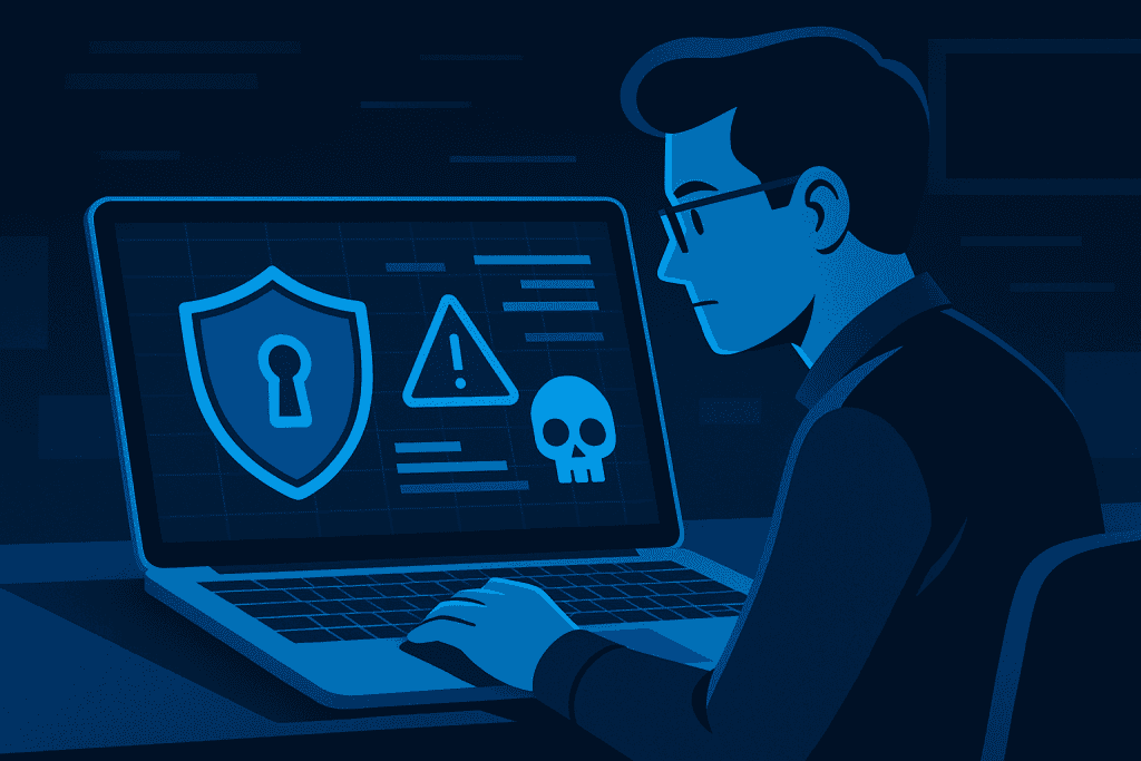 cyber expert analyzing threats on laptop screen