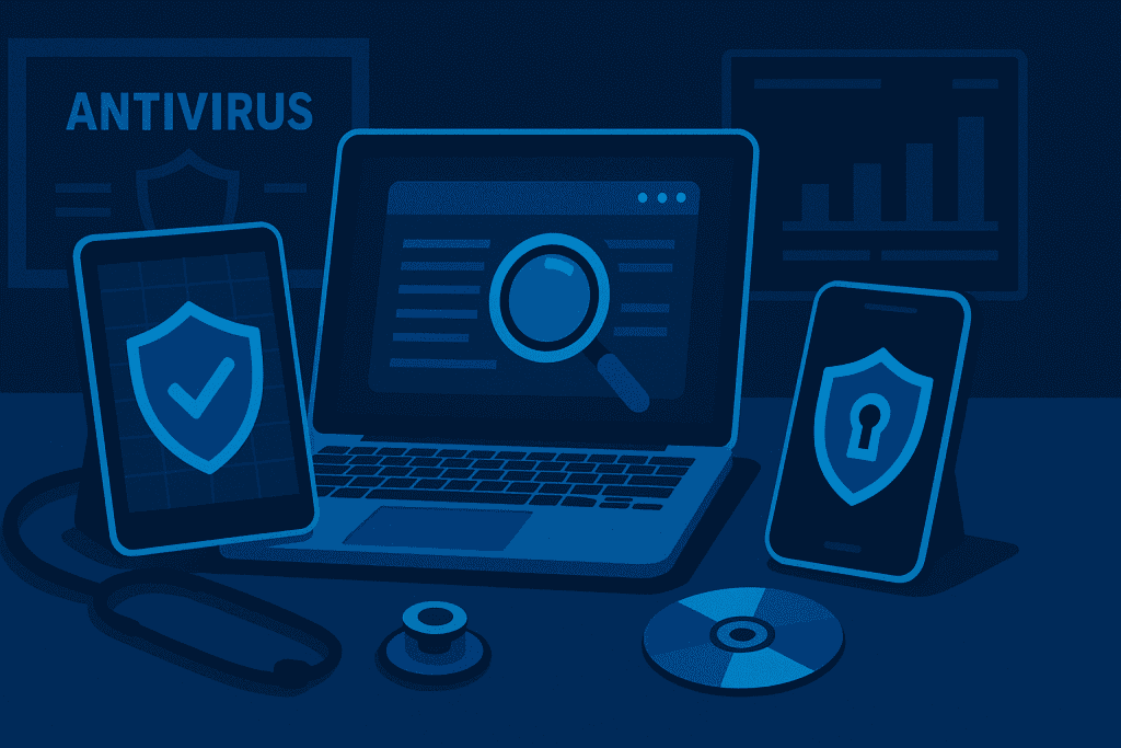 collection of antivirus tools and scanning software on desk