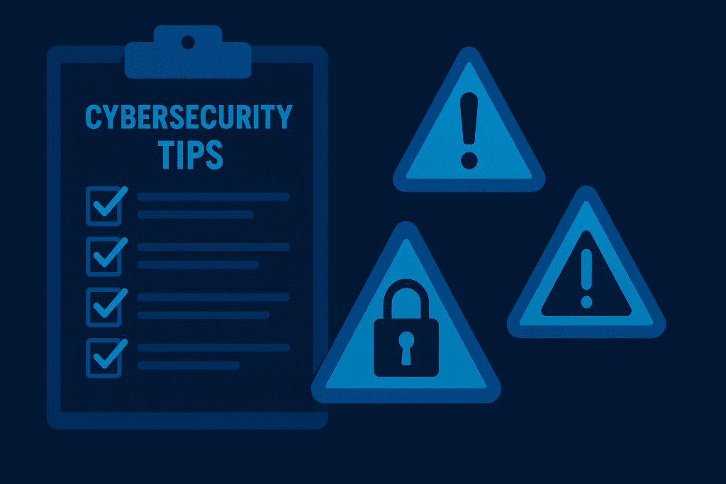 checklist of cybersecurity tips with warning icons displayed