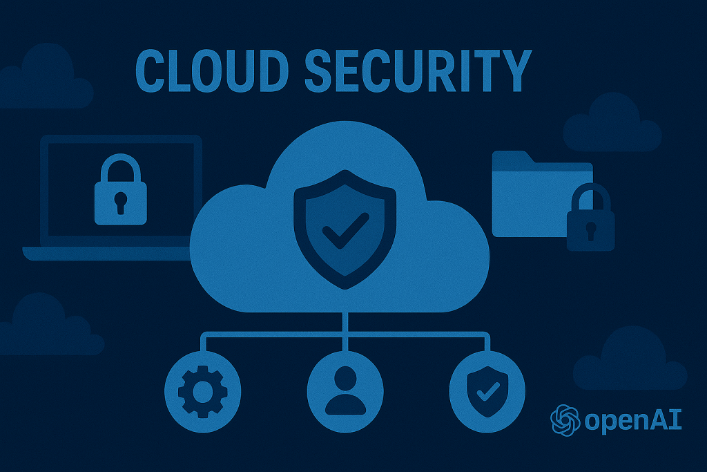 Illustrated cloud security platform overview with company branding