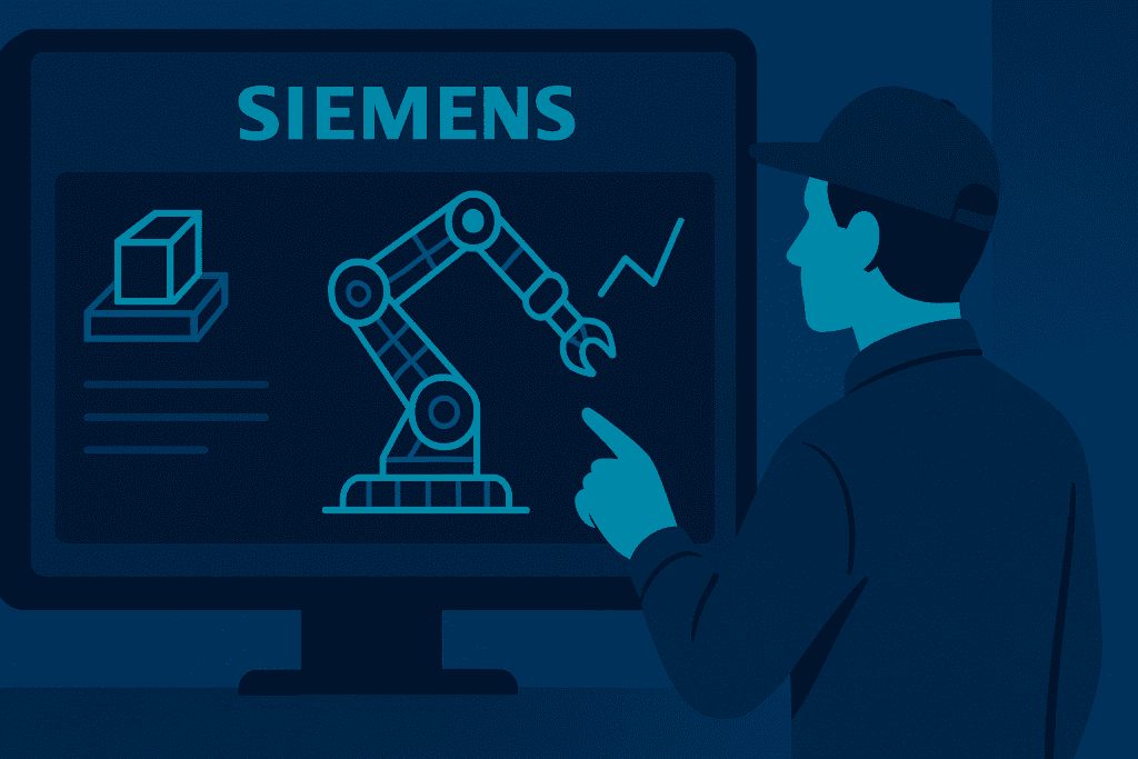 Factory worker using Siemens digital twin software on large screen display