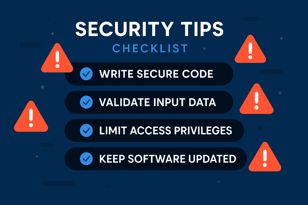 Security tips checklist with warning signs for developers