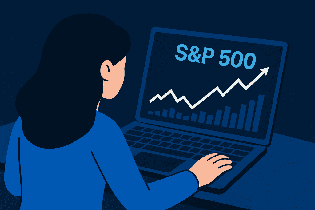 A beginner viewing S&P 500 index chart on a laptop screen.