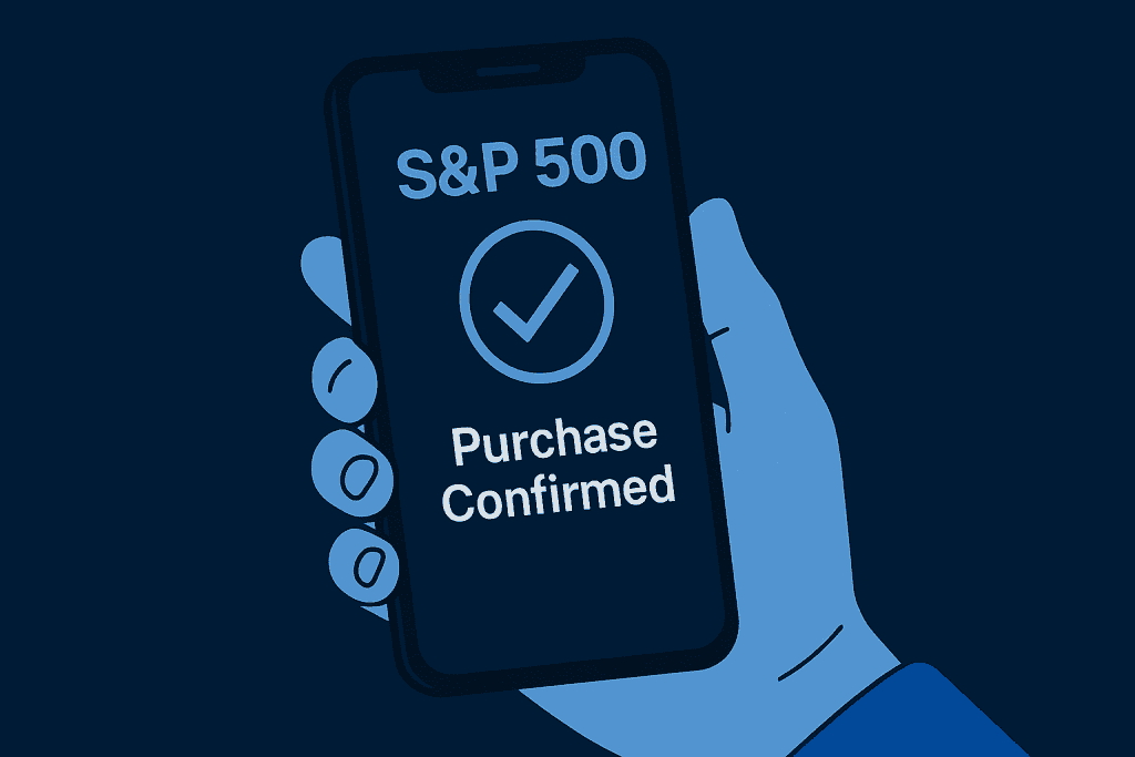 Phone screen showing S&P 500 fund purchase confirmation.