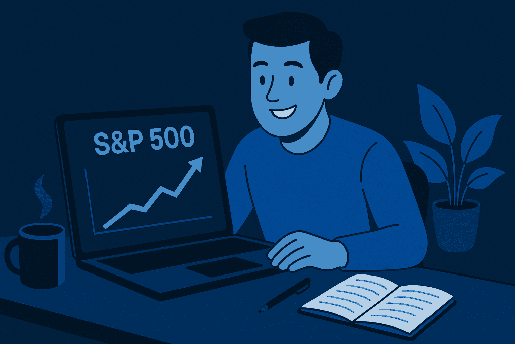Smiling investor reviewing upward S&P 500 growth chart at desk.