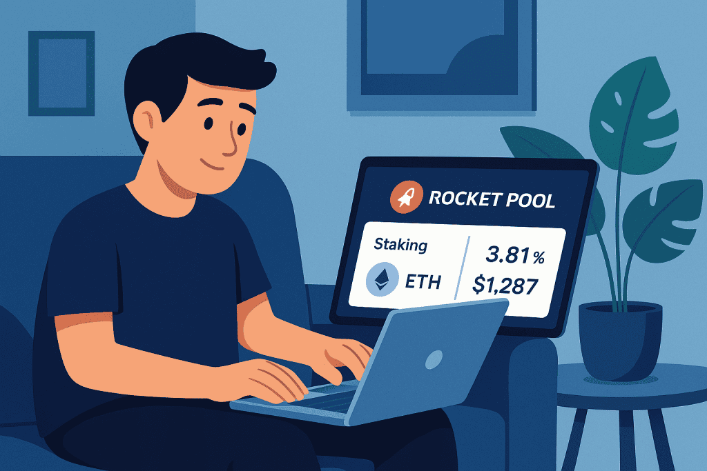 User exploring Rocket Pool staking platform on a laptop at home.