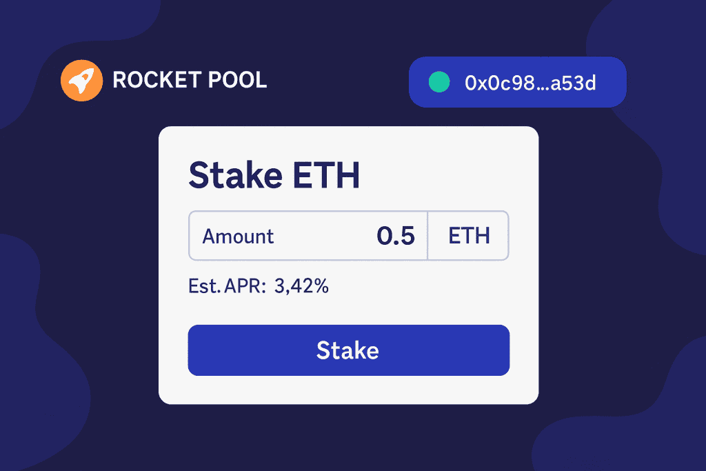 Rocket Pool interface showing ETH staking process with wallet connected.