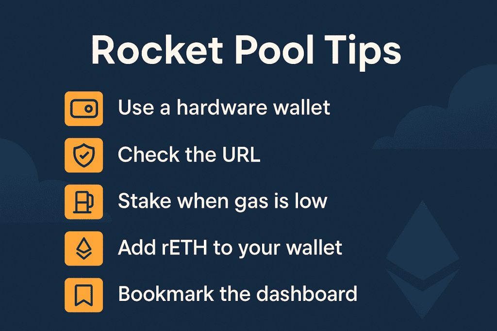 Checklist of Rocket Pool staking tips with icons for safety and gas fees.