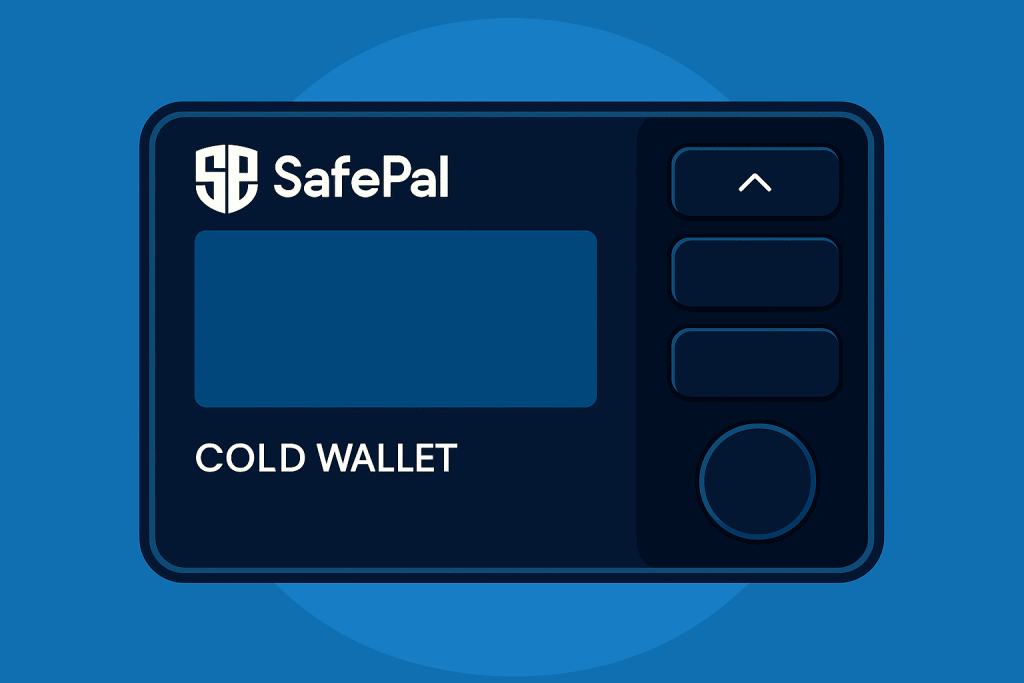 SafePal S1 cold wallet device with navigation buttons.