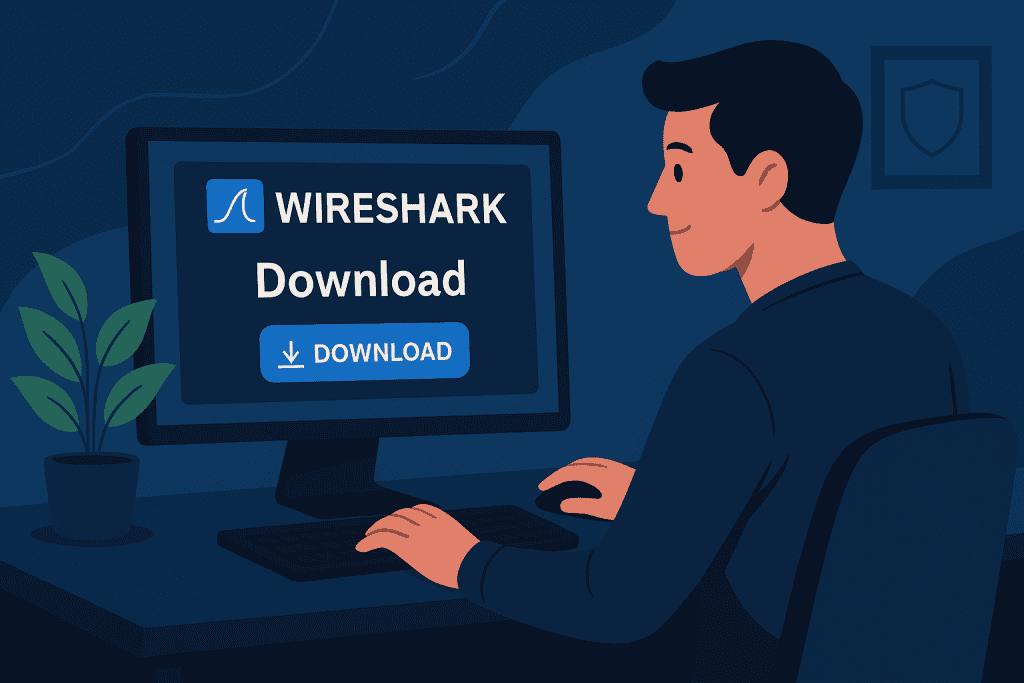Cybersecurity expert preparing Wireshark download on a desktop setup.
