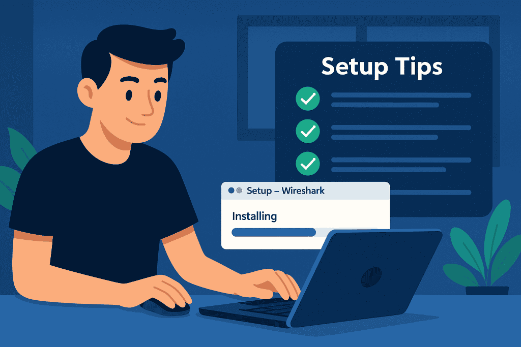 User installing Wireshark with visible checklist for setup tips.