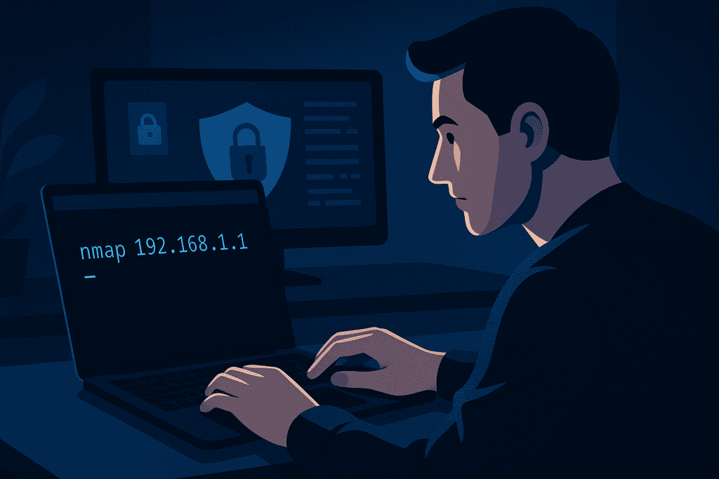 Cybersecurity analyst typing nmap scan command on laptop in dark room.