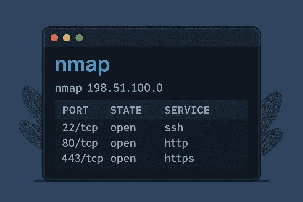 Terminal window showing basic nmap scan results with open ports.