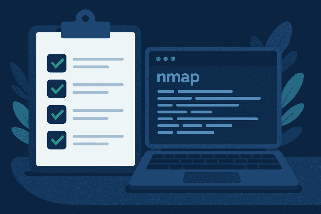 Checklist next to screen displaying nmap scan terminal output.