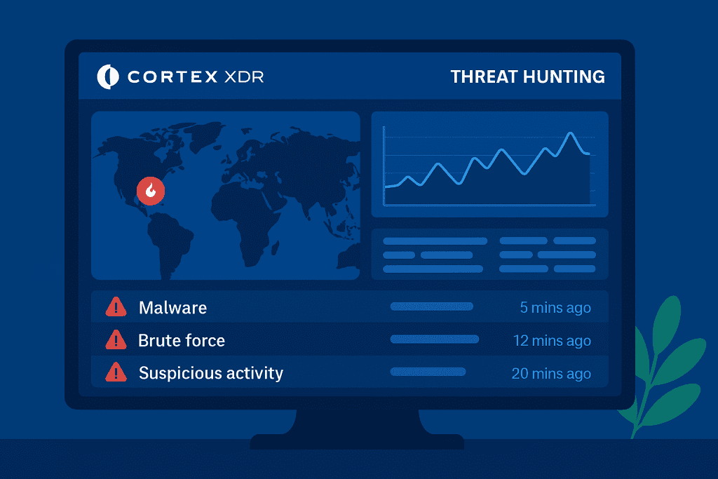 Cortex XDR showing threat hunting dashboard.