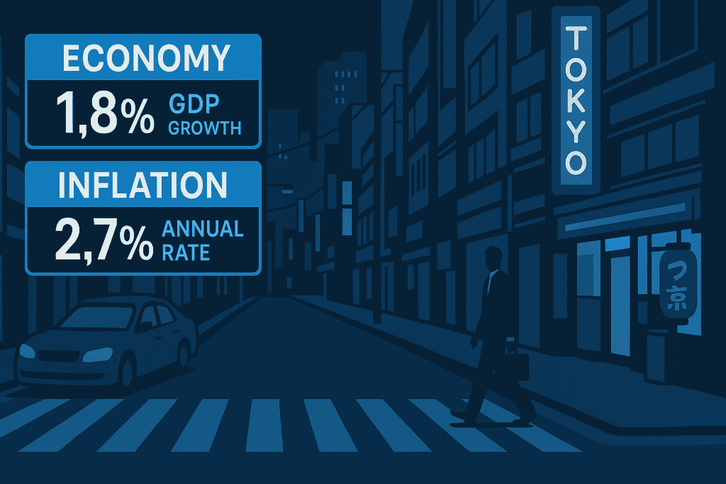 Tokyo street with economic and inflation indicators