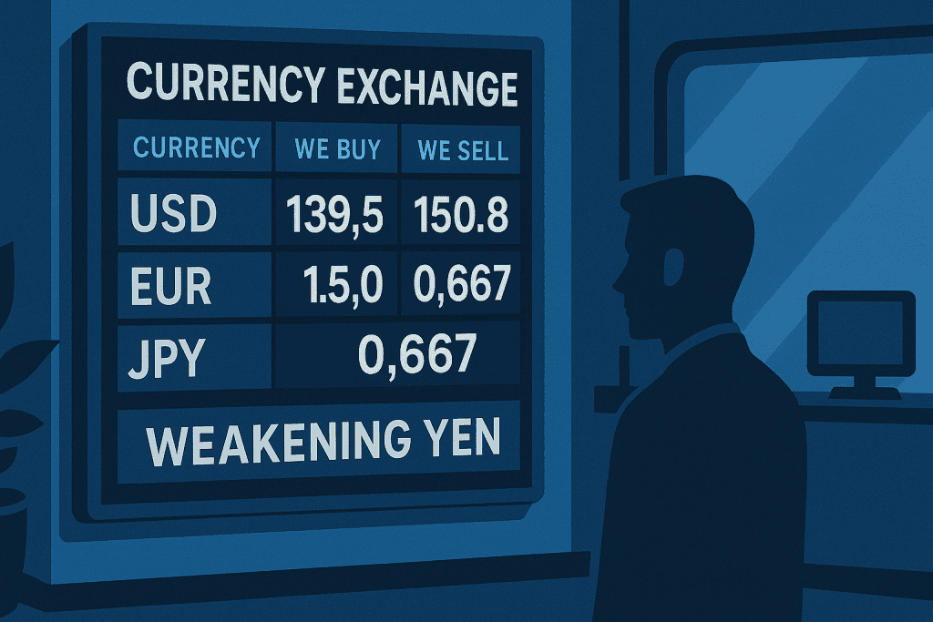 Currency exchange board showing weakening yen value