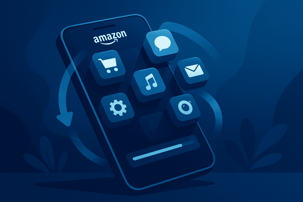 앱 아이콘이 있는 3D 인터페이스를 표시하는 Amazon Phone