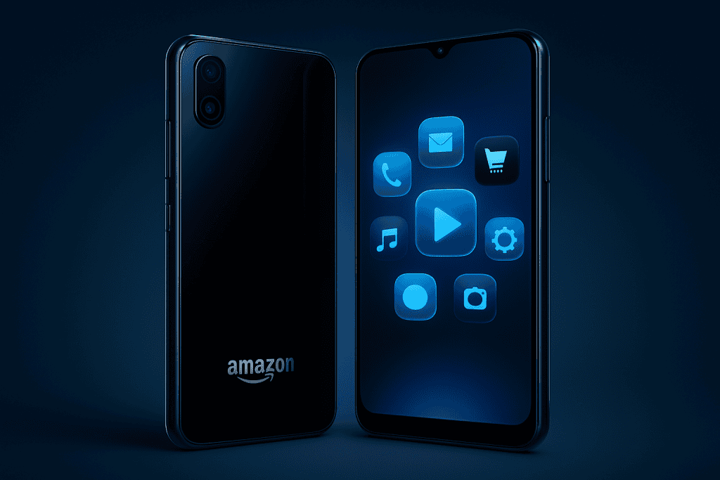 매끈한 유리 본체를 보여주는 Amazon Phone 앞면과 뒷면.