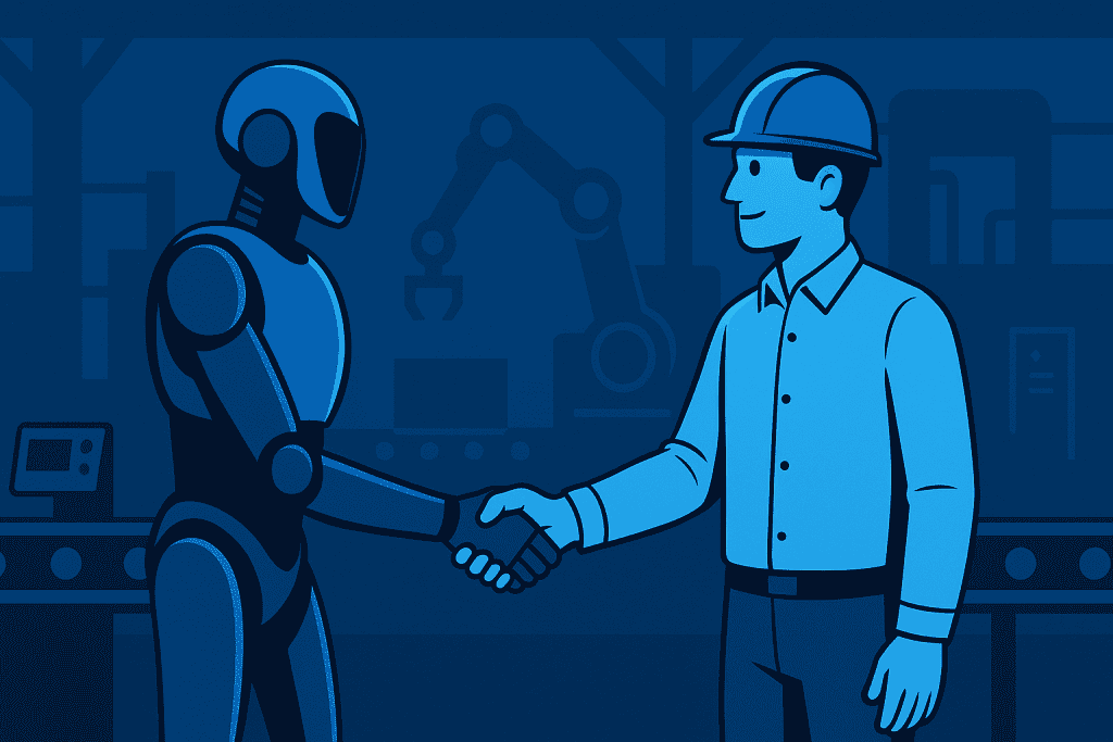Humanoid robot and human shaking hands in a factory