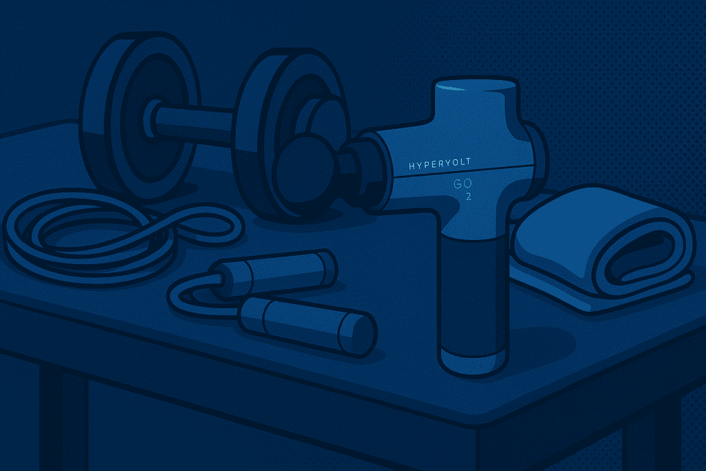 Hypervolt Go 2 massager resting beside fitness gear on a bench.