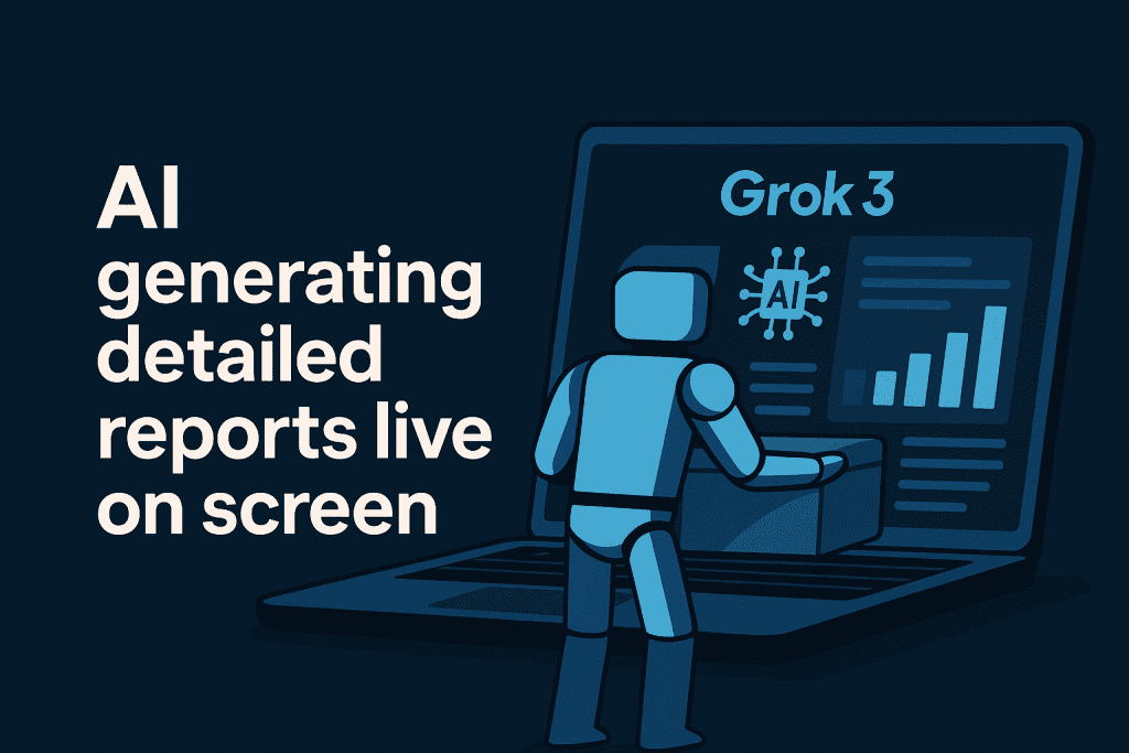 Grok 3 AI generating detailed reports live on screen.