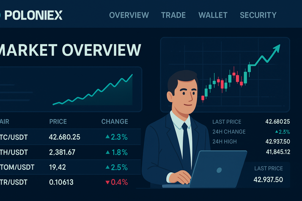 Poloniex trading dashboard with market overview.