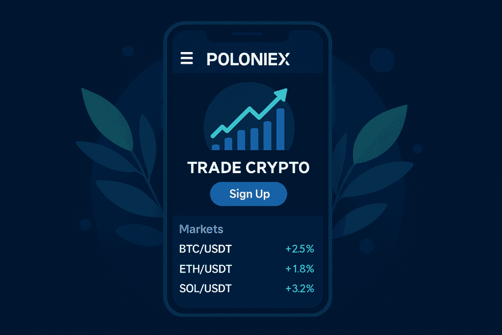 Poloniex homepage interface on mobile screen.