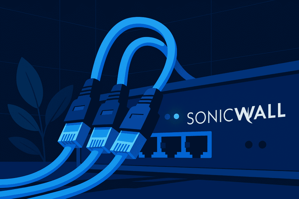 Ethernet cables connected to SonicWall firewall
