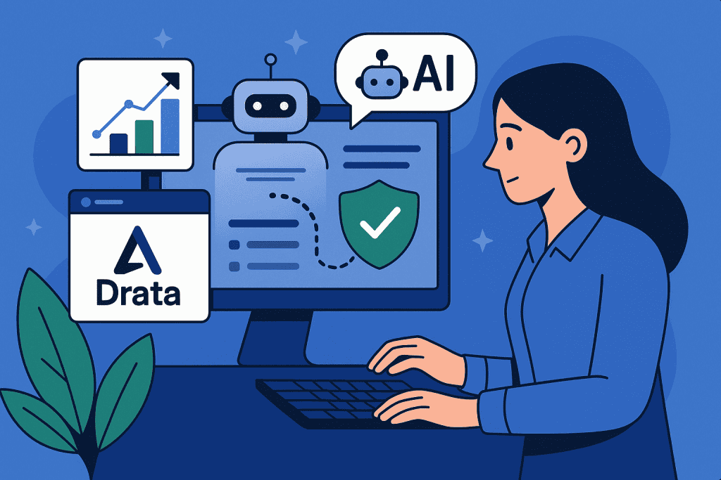 Illustration showing Drata AI tools improving cybersecurity compliance systems