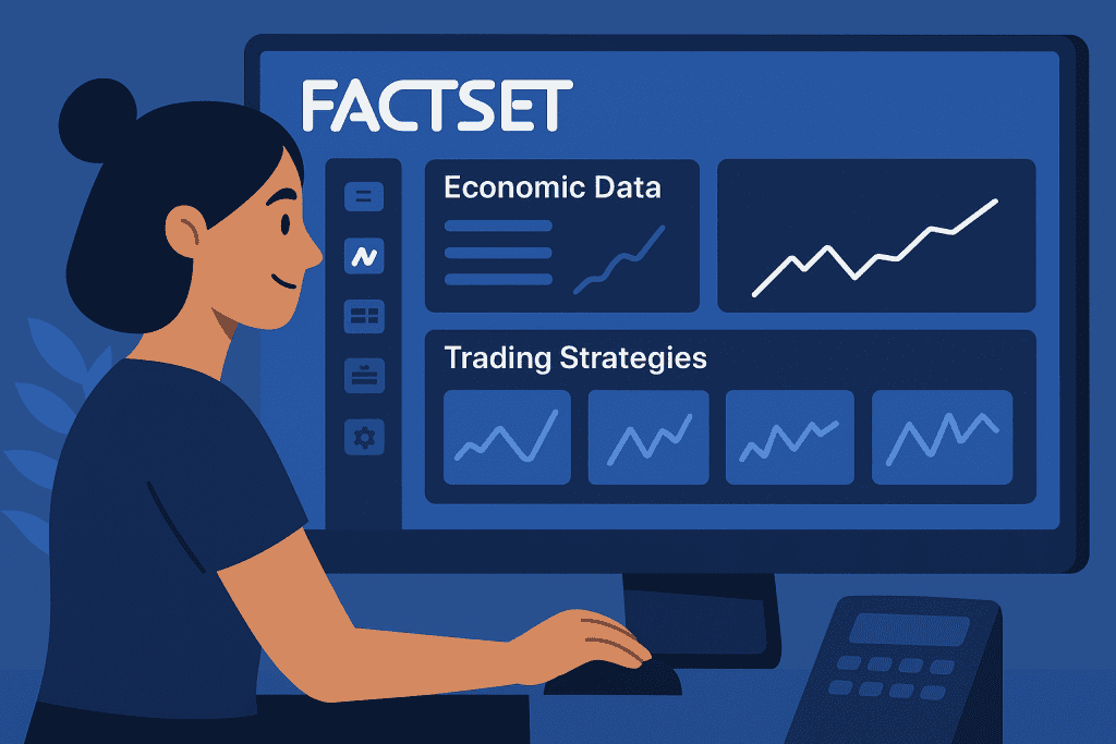 FactSet tools panel showing economic data and trading strategy models