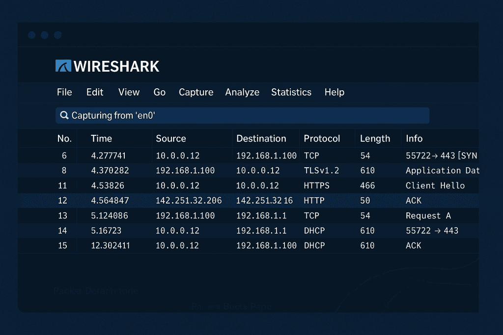 Wireshark interface showing live packet capture in progress