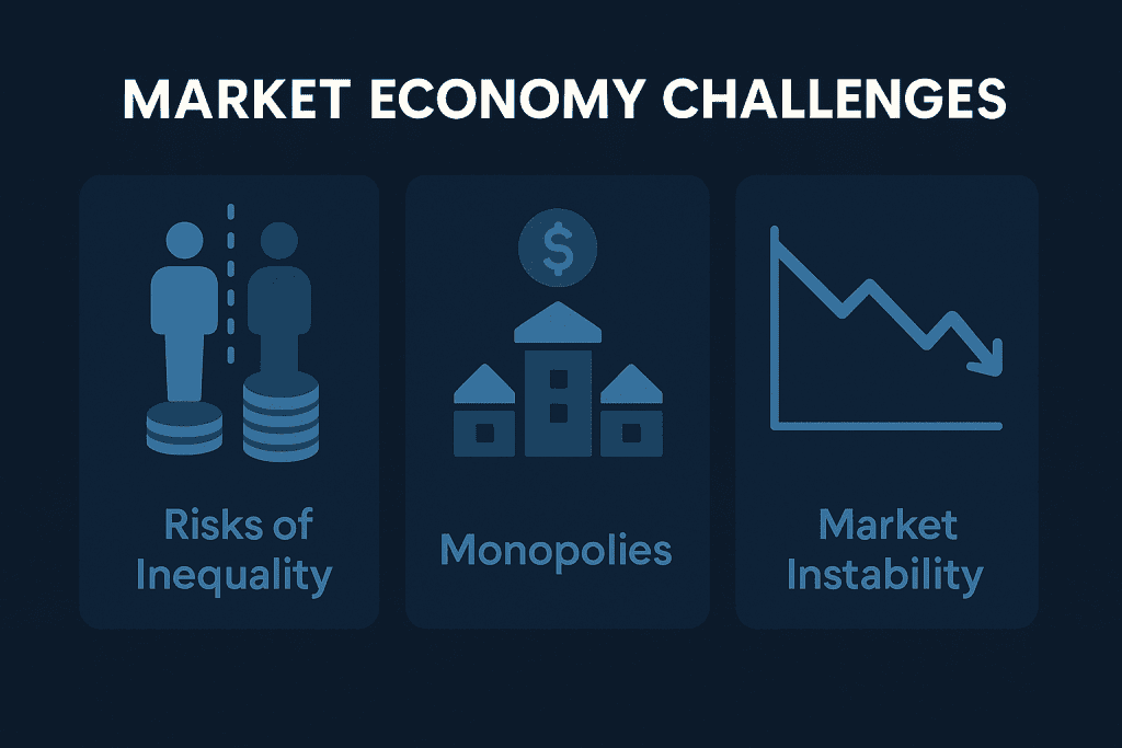 Market economy challenges, including risks of inequality, monopolies, and market instability.