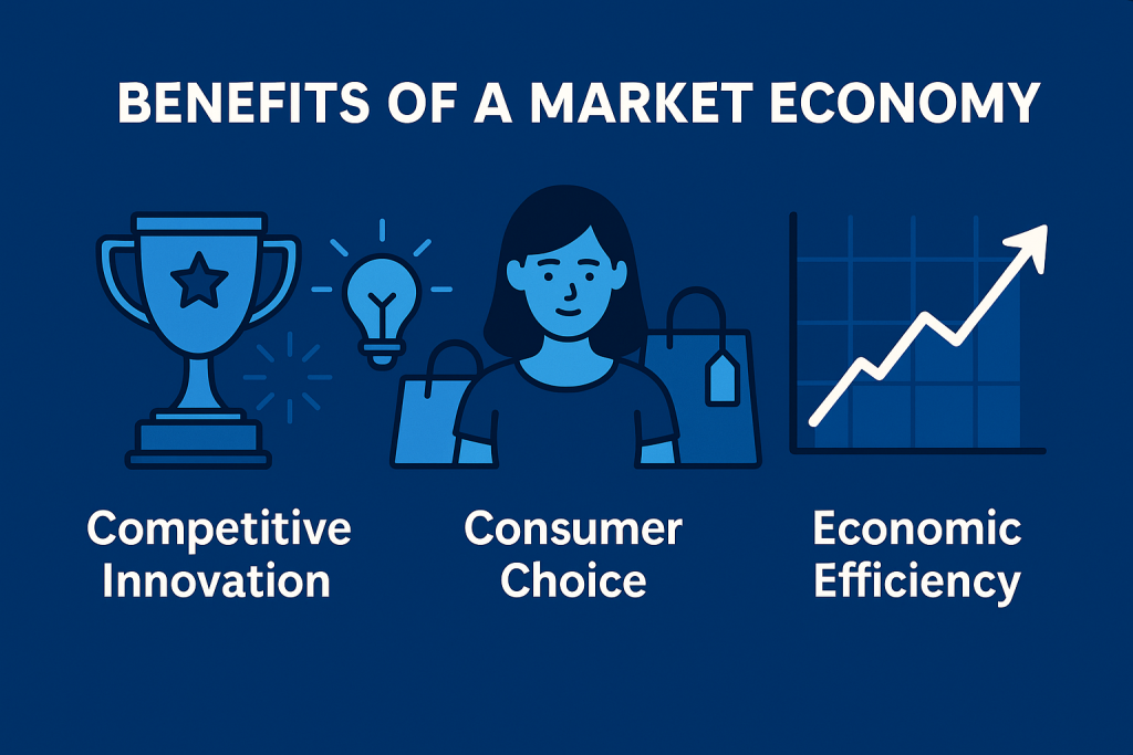 Benefits of a market economy, highlighting competitive innovation, consumer choice, and economic efficiency