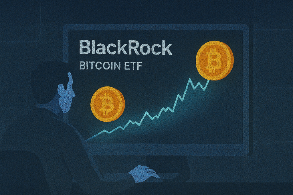 Investor viewing Blackrock Bitcoin ETF chart with Bitcoin symbols on screen