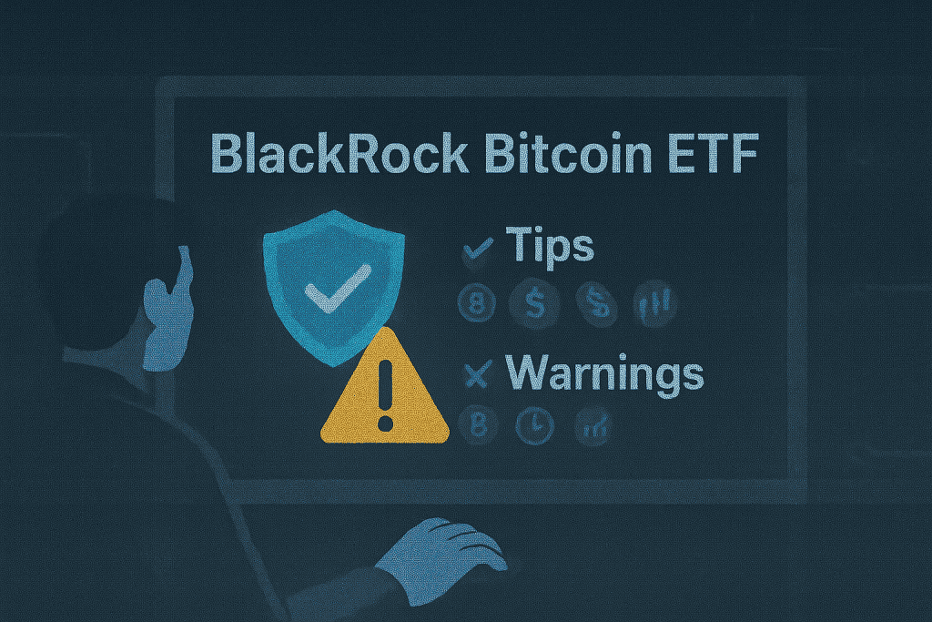 Checklist of tips and warnings for Blackrock Bitcoin ETF with crypto icons.