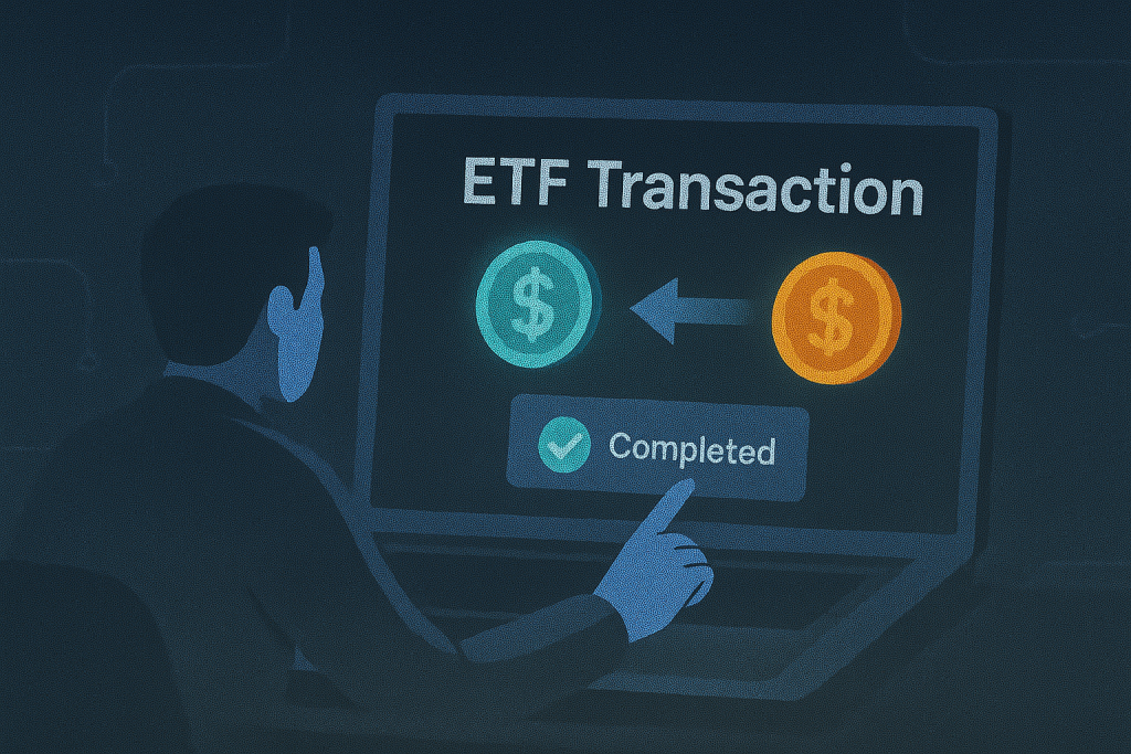 User completing ETF transaction online with dollar sign icons and confirmation message.