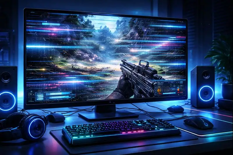 Gamer’s monitor showing flickering graphics and frozen frames, illustrating a visual glitch during gameplay.