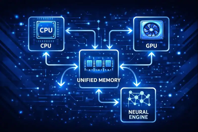 Diagram showing CPU, GPU, Neural Engine, and unified memory working together