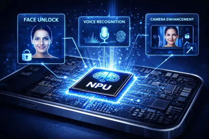 NPU enabling face unlock, voice recognition, and real-time camera enhancement