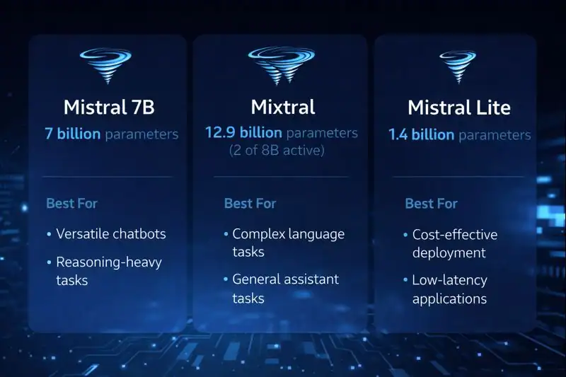 Comparison chart showing Mistral 7B, Mixtral, and Mistral Lite with parameters and best-use cases.