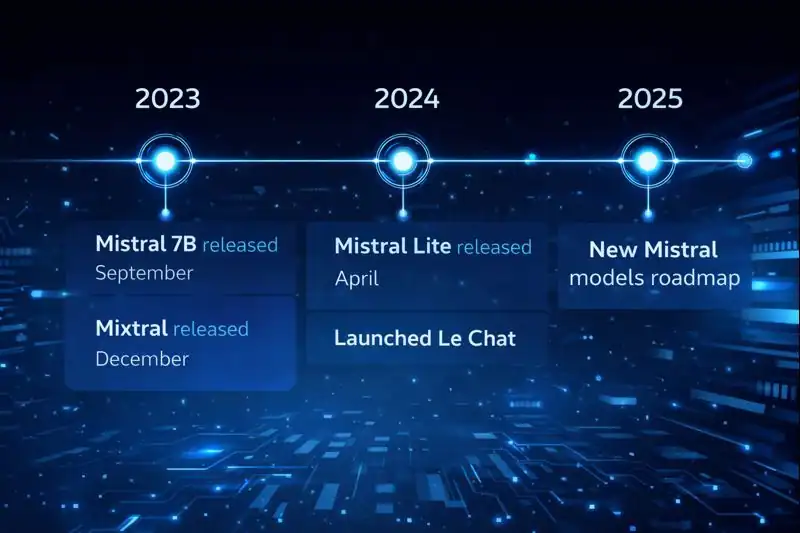 Timeline graphic highlighting key Mistral AI milestones from 2023 to 2025, including major model releases.
